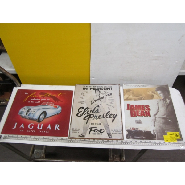 3 TIN PICTURES - ELVIS, JAMES DEAN, JAGUAR