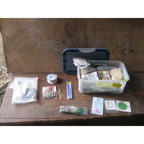 PLASTIC BIN W/MISC. FISHING TACKLE, ETC.