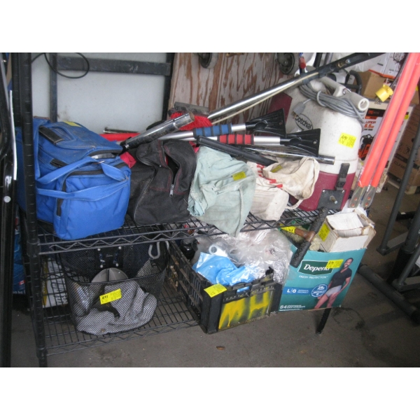 2 SHELVES OF MISC. MINUTE MAN CLEANING MACHINE, STEAMER, PIPES, CLEANERS, ETC.