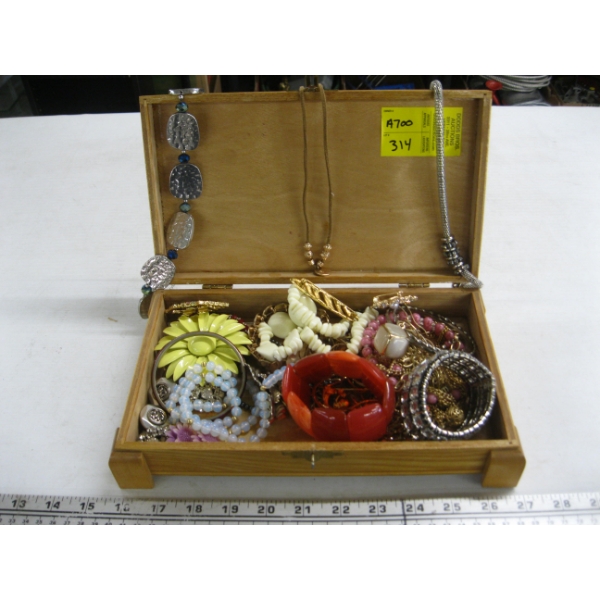 WOODEN BOX W/ASST. FASHION JEWELLERY