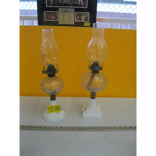 2 MILK GLASS BASED OIL LANTERNS
