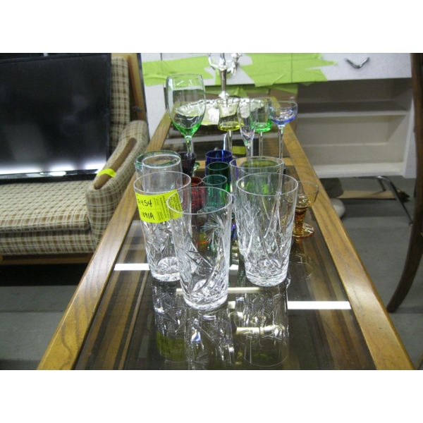 COLORED GLASSES & SET OF 4 CRYSTAL GLASSES