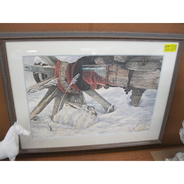 FRAMED NUMBERED WESTERN PRINT OF OLD WOODEN AXLE & BUNNY