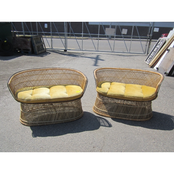 2 WICKER LOVE SEAT BENCHES W/GOLD CUSHION