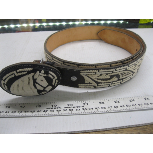 LEATHER EMBROIDERED BELT W/BUCKLE - PITEADO WORK, OLD MEXICAN