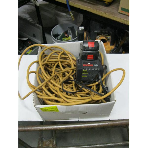 BOX W/BOSCH CORDLESS BATTERIES, CHARGER & 2 EXTENSION CORDS