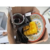 Image 6 : KNITTING BOX & BOX OF MISC. POTTERY PLATE, HALIBUT SPREADER BARS, FONDUE POT, ETC.