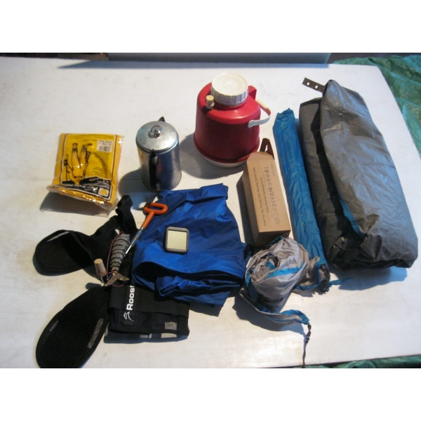 BIN OF MISC. CAMPING SUPPLIES - TENT, COFFEE POT, ETC.