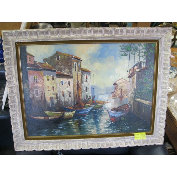 ORIGINAL OIL PAINTING OF BOATS & VILLAGE ON BOARD, SIGNED