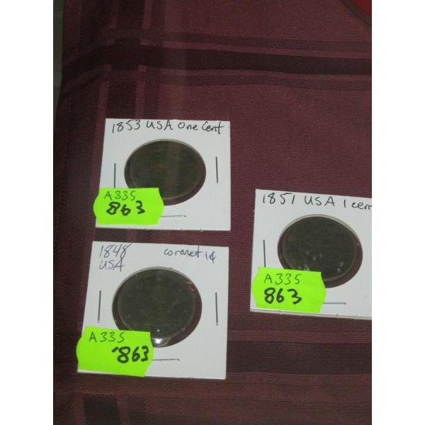3 AMERICAN 1 CENT COINS, 1853, 1851 & 1848