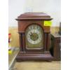 Image 1 : WOOD CASED WIND UP CLOCK - HAS PENDULUM & KEY, SEEMS TO BE RUNNING, NOT SURE ABOUT CHIME