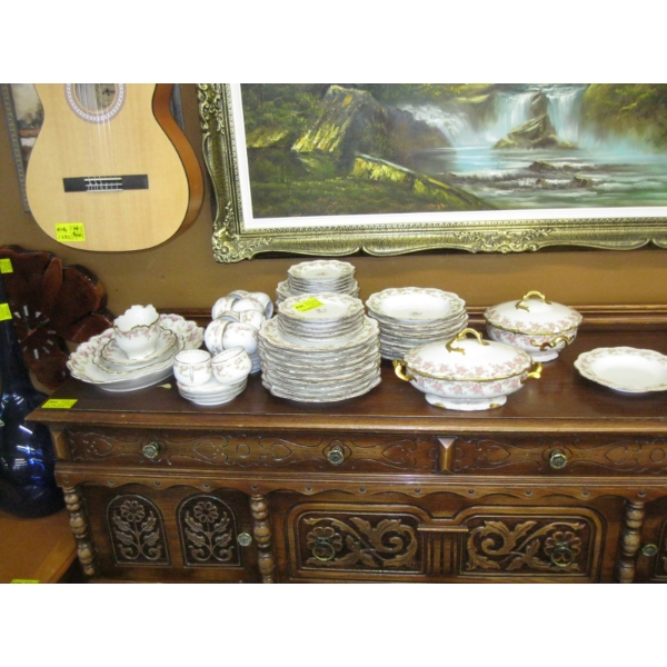 LG. SET OF LIMOGE DISHWARE, SOME CHIPS ON PLATES, 1 CRACKED LID