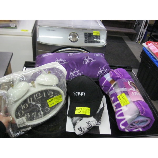 JUSTIN BEIBER HAT, CLOCK, BLANKET, ETC.