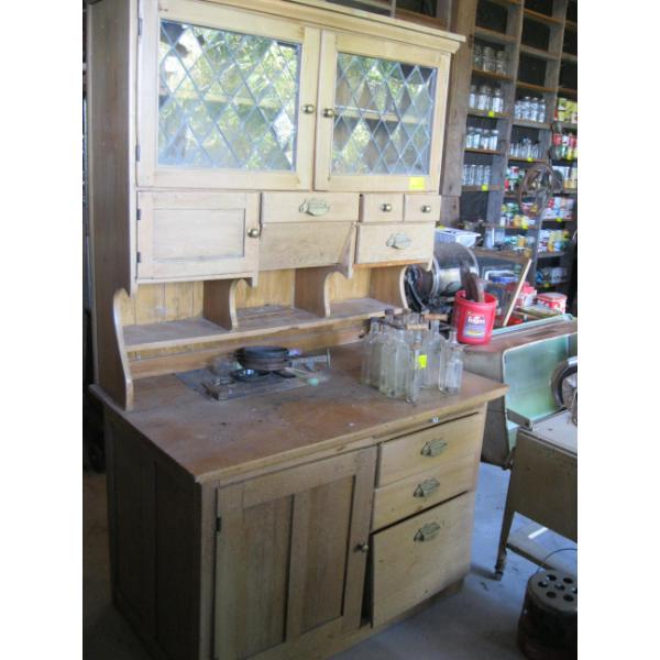WOODEN HOOSIER CABINET W/LEADED GLASS DOORS