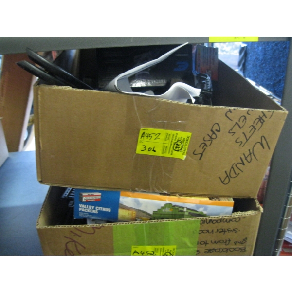 2 BOXES OF MISC. HO GAUGE TRAIN ACCESS., TRACK, BUILDINGS, TRANSFORMER, CARS, ENGINES, ETC.