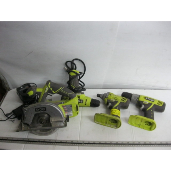 RYOBI CORDLESS TOOLS & 1 CORDED DRILL - NO BATTERIES