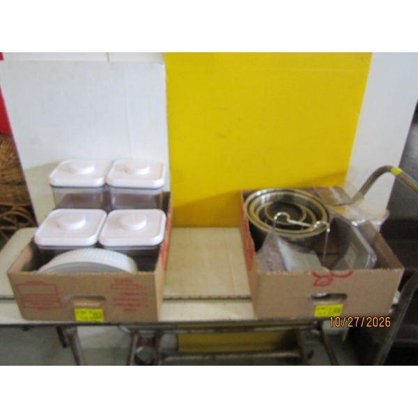 2 BOXES MISC. CANNISTERS, MIXING BOWLS, ETC.