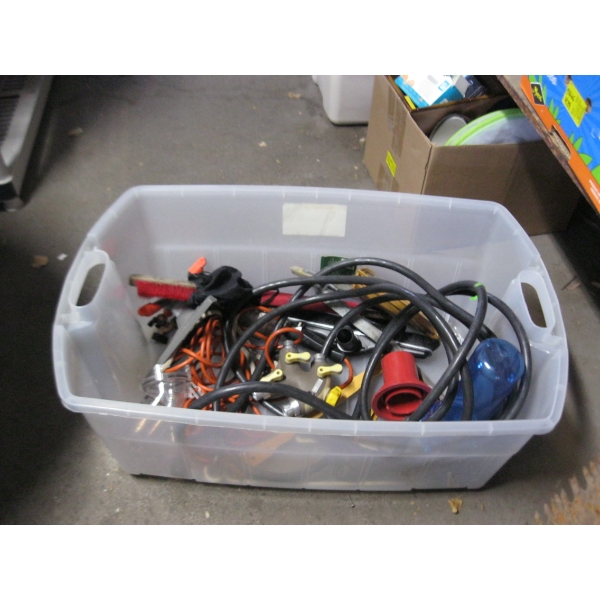LG. BIN OF MISC. WATER FILTER, HOSE, VALVE, SPRINKLER, RV EXTENSION CORD,  ETC.