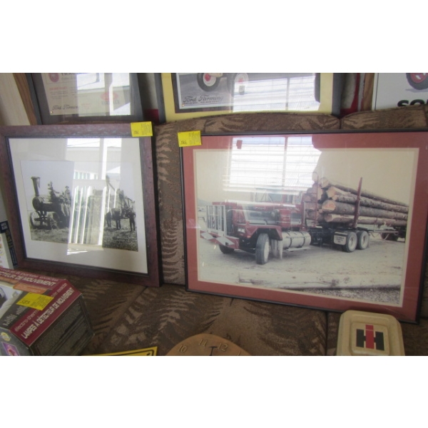 2 FRAMED PHOTOS - LOGGING TRUCK & STEAM TRACTOR