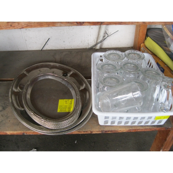 MISC. GLASS MUGS, CHROME SERVING TRAYS, ETC.