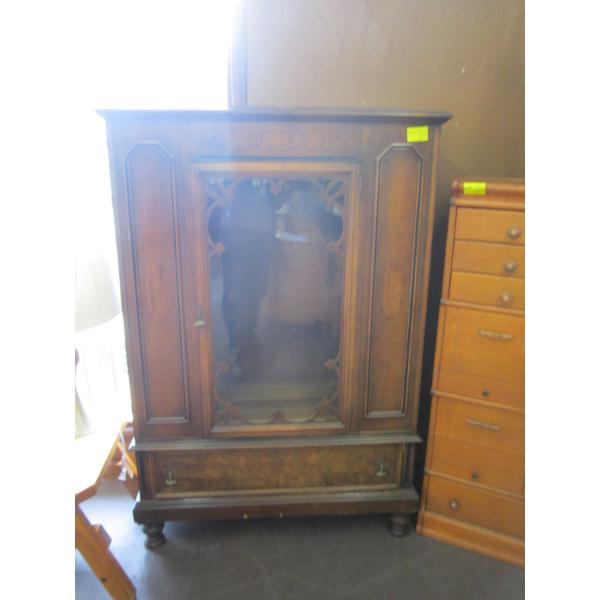 ANTIQUE GLASS DOOR CHINA CABINET W/LOWER DRAWER