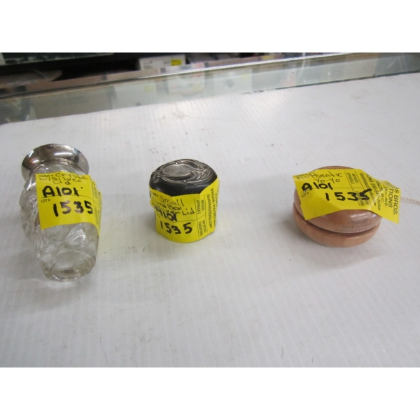 CRYSTAL BOTTLE W/SILVER LID, AUTHENTIC YOYO & SM. ROUND BOX W/SILVER LID