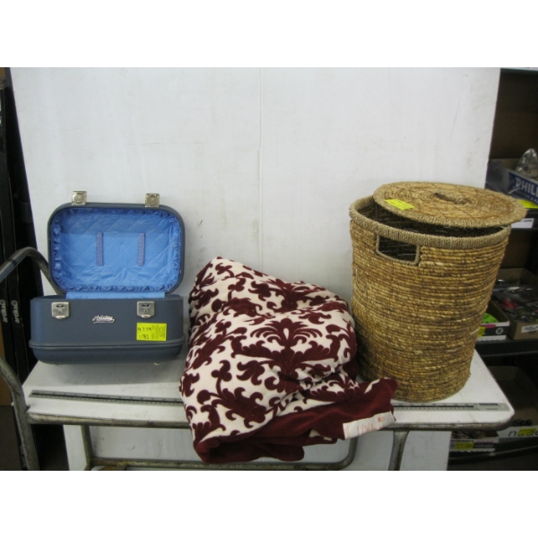 SM. HOLIDAY SUITCASE, A WICKER HAMPER W/LID & BLANKET