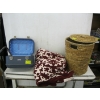Image 1 : SM. HOLIDAY SUITCASE, A WICKER HAMPER W/LID & BLANKET