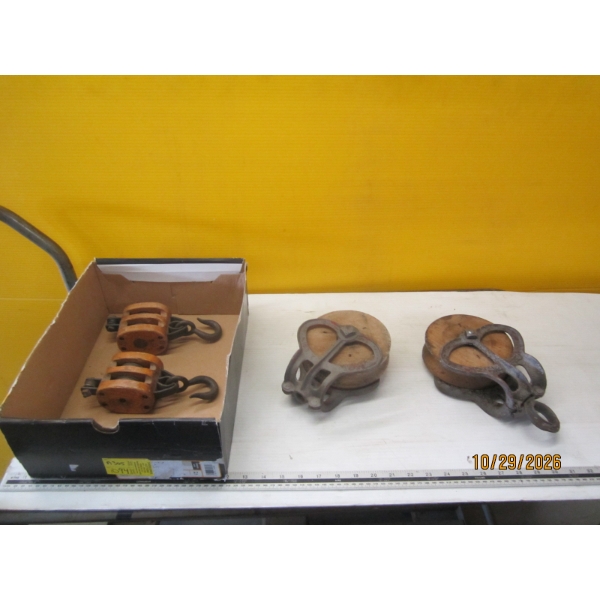 4 WOODEN & METAL PULLEYS