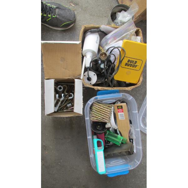 2 BOXES & PLASTIC BIN OF MISC. ITEMS: TORCHES, PULLER, MAGNIFYING GLASS, ETC.