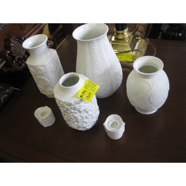 BAVARIAN GERMAN WHITE VASES & 2 CANDLEHOLDERS