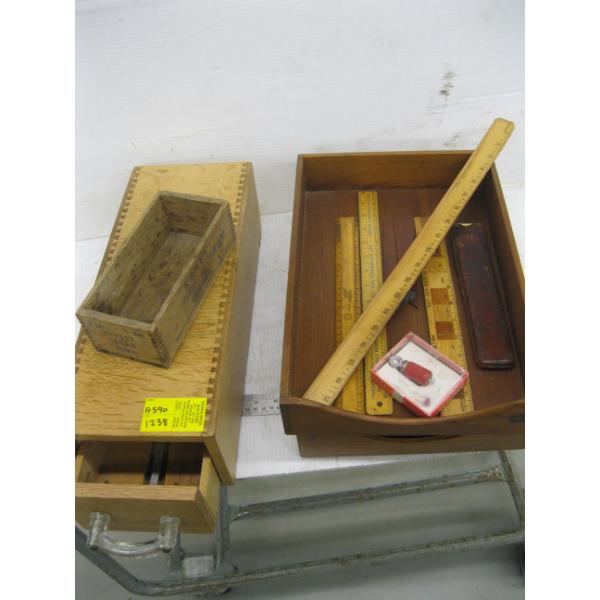 VINTAGE WOODEN FILE DRAWER, WOODEN FILE TRAYS, RULERS, ETC.