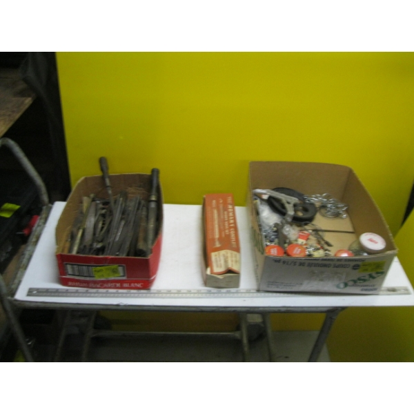 2 BOXES OF MISC. TOOLS, SCREWS, CLAMPS, ETC.