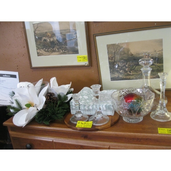 LG. LOT OF MISC: CANDLESTICKS, DECANTER, CRYSTAL BOWL, ETC.