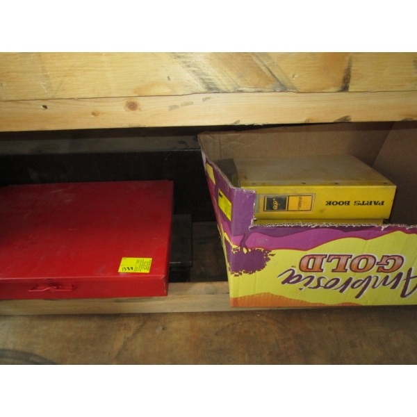 PARTS MANUAL BOOKS & A RED GRAY TOOLS METAL CONTAINER