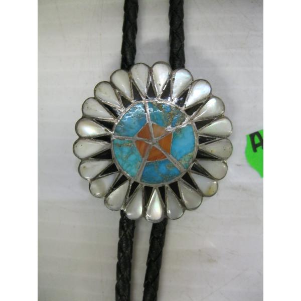CORAL, SILVER & TURQUOISE NAVAJO BOLO TIE W/WHITE EDGES