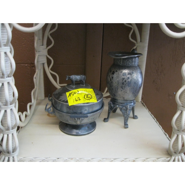 2 METAL OR PEWTER JUG & DISH