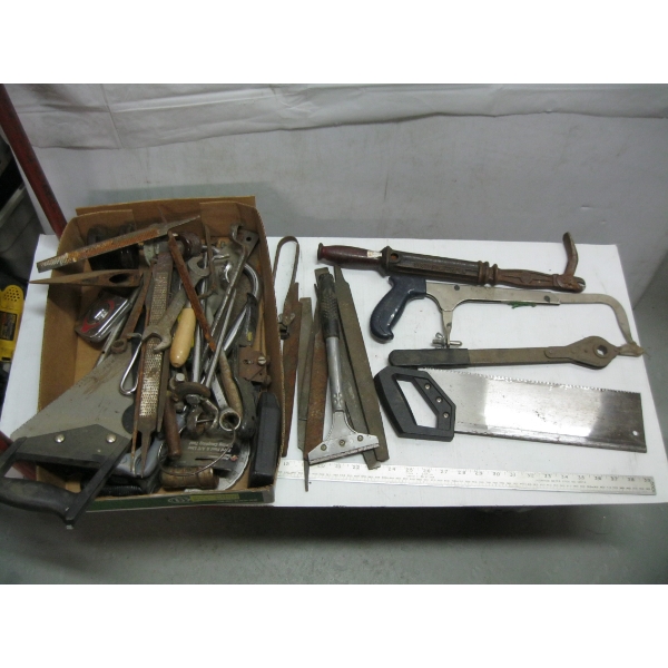 BOX OF MISC. CIRCUIT BREAKER LOCATOR, FILES, SAWS, ETC.