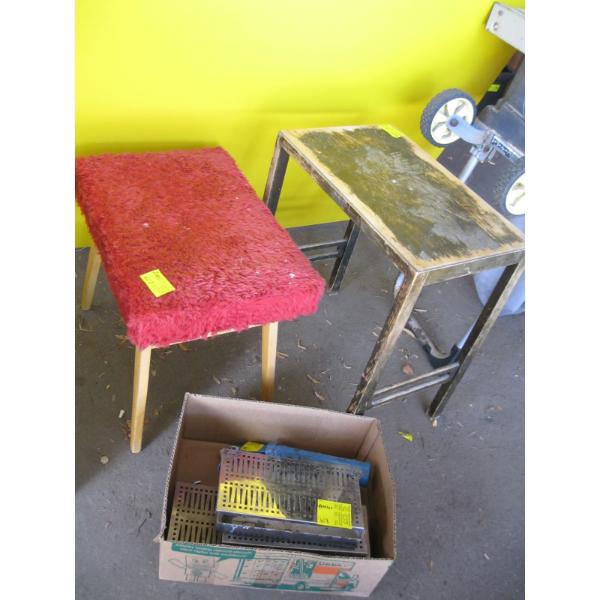 MISC. PADDED BENCH, CAULKING GUNS, SM. TABLE, ETC.