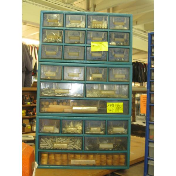 3 SM. STORAGE COMPARTMENT BOXES W/MISC. CONTENTS