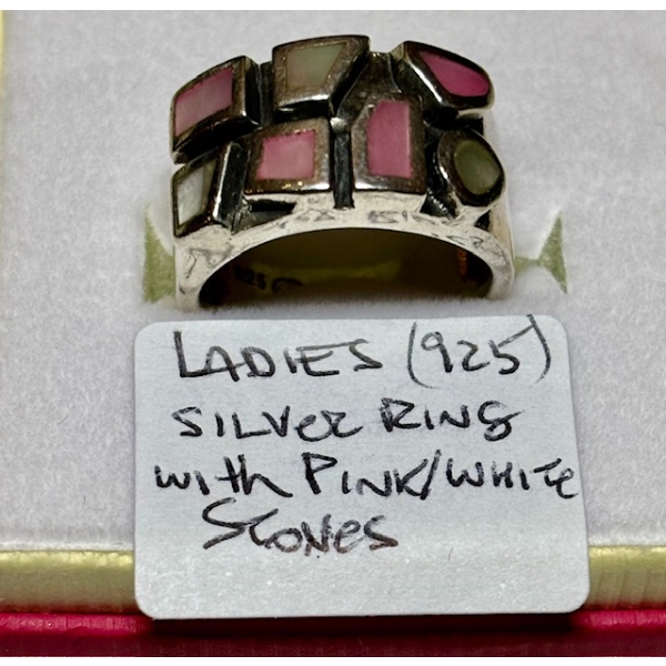 LADIES .925 SILVER RING W/PINK & WHITE STONES, SZ 6 1/2