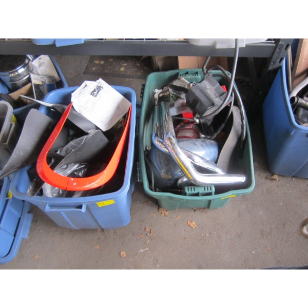 2 BINS OF ASST. MOTORCYCLE PARTS - FUEL TANK, ETC.