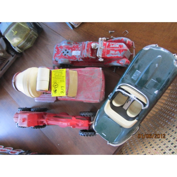 4 VINTAGE TOYS - CEMENT MIXER, GRADER & FIRE TRUCK, DIECAST JAGUAR