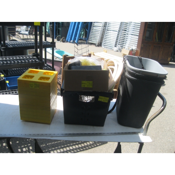 MISC. HOSE, STAINLESS STEEL BOWLS, LEVELING BLOCKS, GARBAGE CANS, ETC.