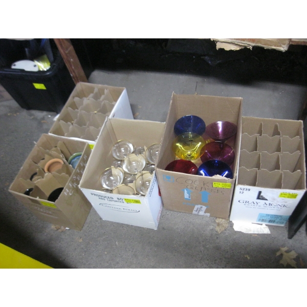 5 BOXES OF MISC. WINE GLASSES, POTTERY GLASSES