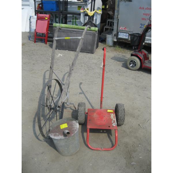 ANTIQUE CULTIVATOR, ROLLING CART & METAL SPOUTED JUG