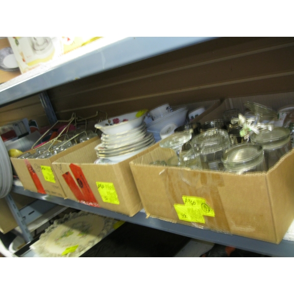 4 FLATS OF GLASSWARE, CUPS, BOWLS, PLATES, SILVERWARE, ETC.