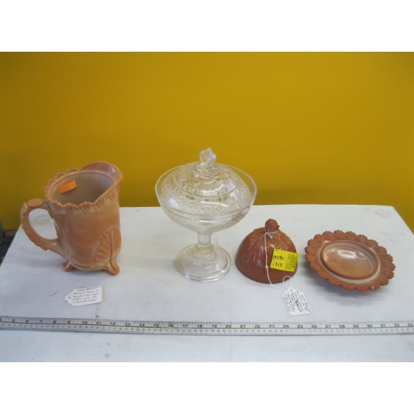 CHOCOLATE GLASS JUG & CHOCOLATE GLASS BUTTER DISH & LIDDED DISH