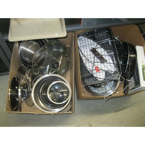 SET OF LAGOSTINA POTS/PANS & BOX OF ASST. ROASTING PANS, ETC.