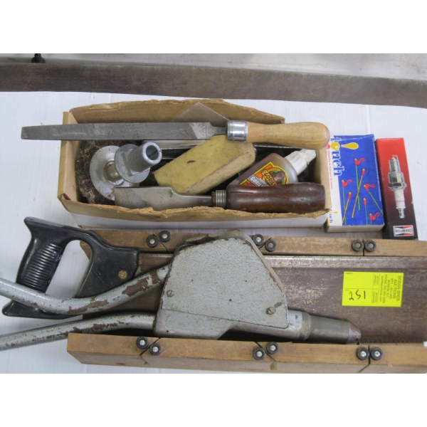 BACK SAW MITER BOX, RIVET GUN & BOX OF MISC: FILE, ETC.